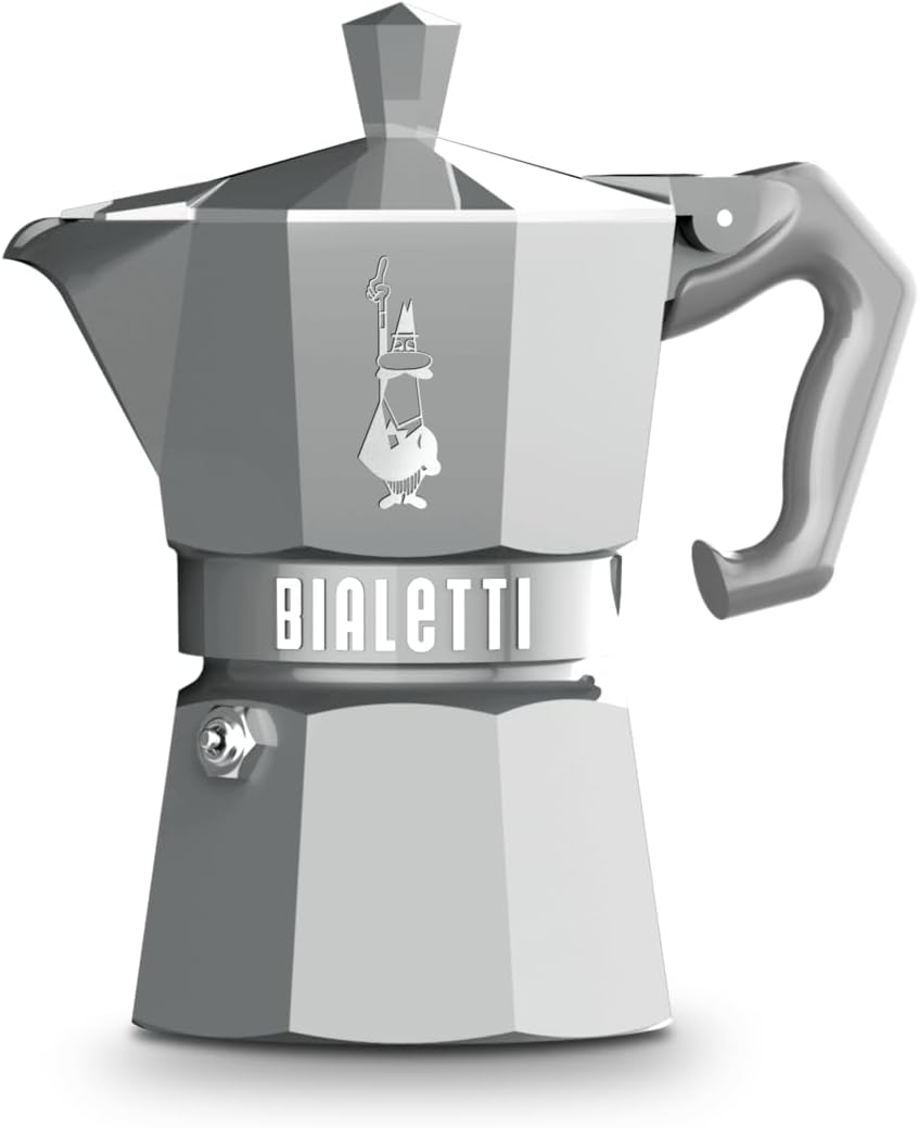 Bialetti Sky Blue espresso maker parts disassembled layout