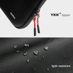 Tomtoc protective accessory case highlighting the water resistant fabric shell and heavy duty YKK zippers close up.