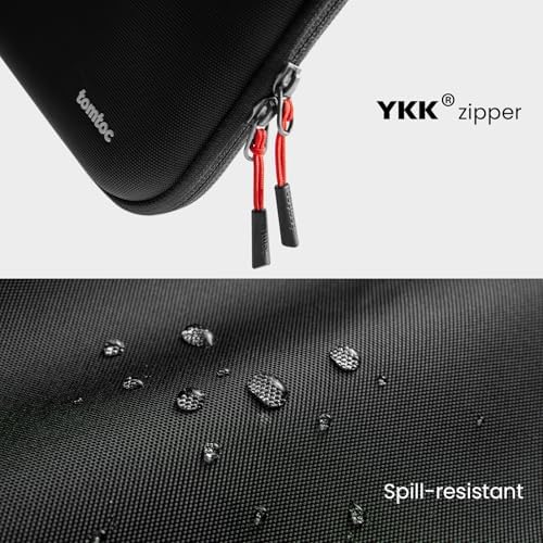 Tomtoc protective accessory case highlighting the water resistant fabric shell and heavy duty YKK zippers close up.