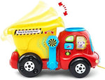 Toddler pushing the VTech interactive construction vehicle with colorful rocks inside