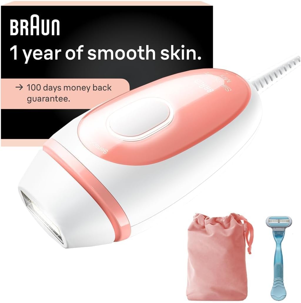 Braun Silk Expert Mini PL1014 IPL hair removal device front view showcasing white and pink compact design