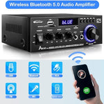 Woopker compact power amplifier alongside the wireless remote control accessory on a neutral background