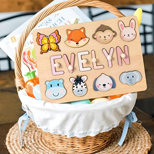 Close-up perspective of the personalized name puzzle board highlighting the sturdy safety pegs for small hands.