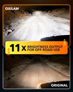 OXILAM automotive headlight twin pack illuminating a dark highway with cool white light