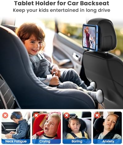 WONNIE tablet holder for car backseat showing adjustable nylon strap wrapped around headrest posts