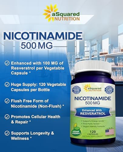Asquared Nutrition supplement bottle showing 500mg Vitamin B3 dosage