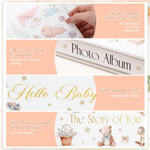 Thyle bear theme baby scrapbook showing the durable natural paper spine and large capacity design