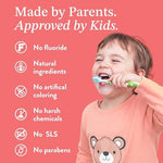 Strawberry flavored fluoride free kids toothpaste for cavity protection.