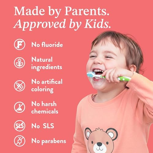 Strawberry flavored fluoride free kids toothpaste for cavity protection.