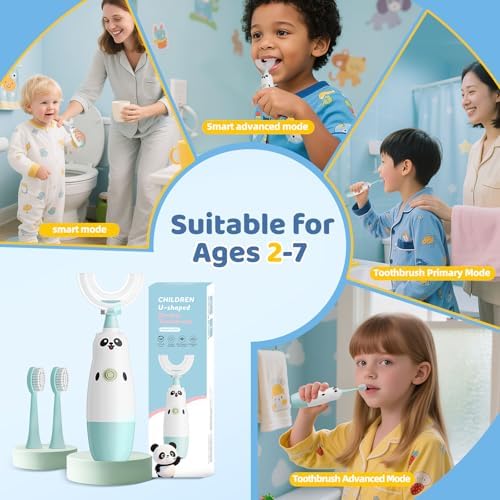Meqtpomy kids sonic toothbrush showing the waterproof battery compartment and panda design.