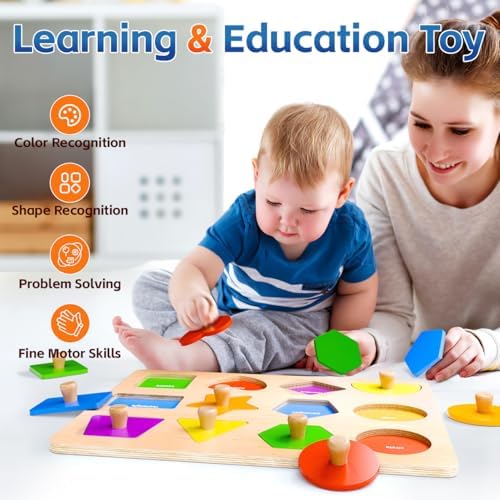 Montessori style shape sorter toy board with geometric blocks removed showing white text names