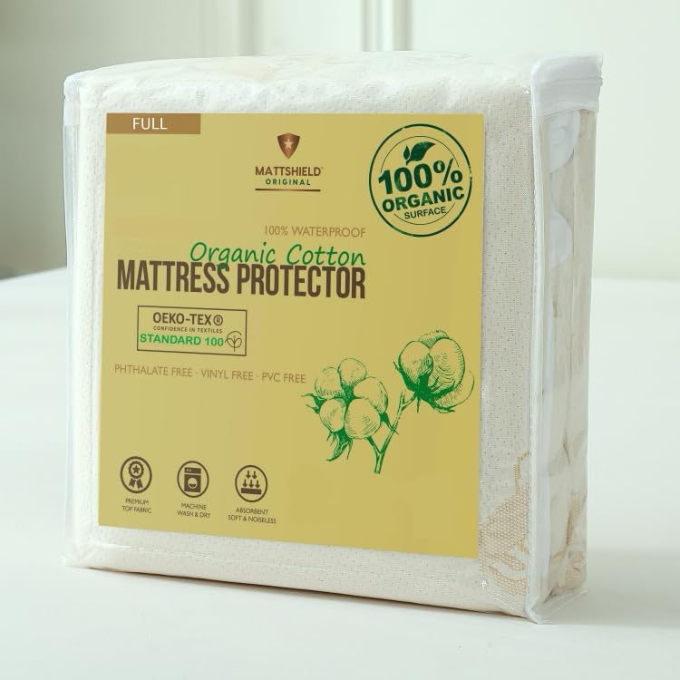 Mattshield Original deluxe organic crib mattress protector pad front view on a baby bed