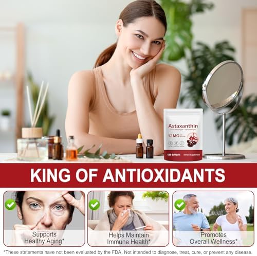 Gluten free and non GMO astaxanthin twelve milligrams softgels clear product presentation.