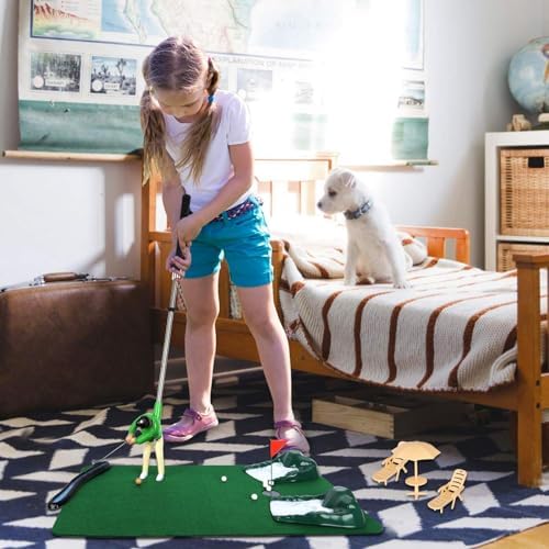 Top view of mini golf putting green cloth and club set