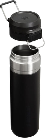 Side angle of the Stanley insulated stainless steel travel flask showing the secure locking mechanism.
