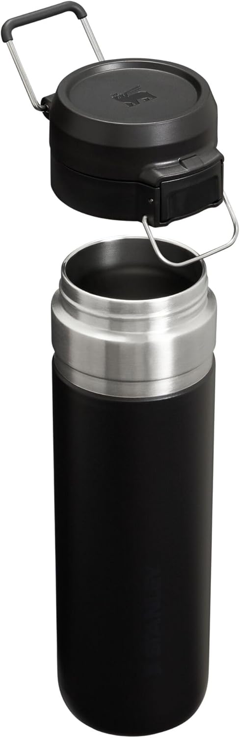 Side angle of the Stanley insulated stainless steel travel flask showing the secure locking mechanism.