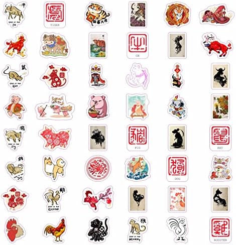 Assorted Chinese New Year stickers displayed on a table