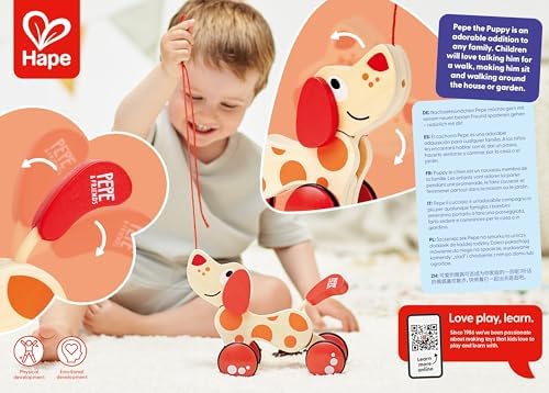 Side angle of the award winning Hape wooden dachshund lover gift toy showcasing the nodding head mechanism