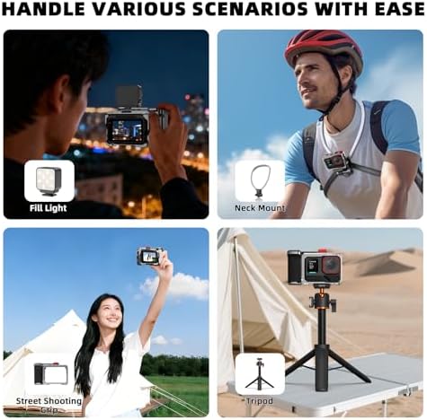 Action camera setup utilizing the right side quarter inch screw mount with an attached fill light.