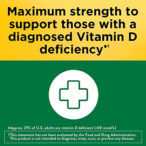 High potency Nature Made Vitamin D3 dietary supplement softgels showing clean formulation and no artificial colors.