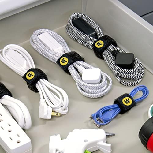 Close-up view of the elastic hook and loop cord organizer wrapping a phone charger cable tightly.