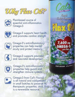 Back label of Cal's premium liquid flax seed oil supplement with ingredients and nutritional facts
