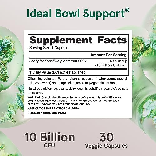 Jarrow Formulas Ideal Bowel Support product packaging illustrating human origin strain LP299V benefits for gut health