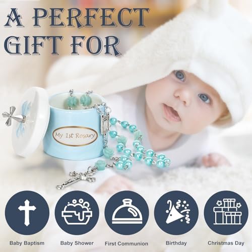 Baby boy Catholic baptism gift set with blue pearl beads displayed next to the open ceramic container