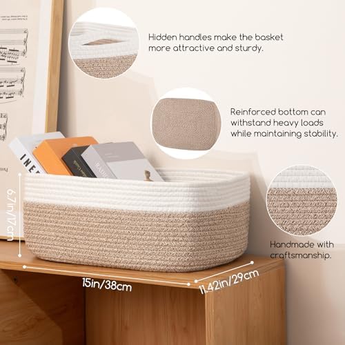 Three pack of yellow cotton rope organizer bins showcasing the built in carry handles