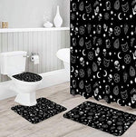 Overhead view of the U shaped contour rug and matching gothic toilet lid cover on a bathroom floor tile layout.