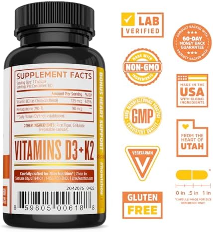 Zhou Vitamin D3 K2 immune and bone support supplement nutrition facts panel
