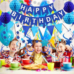 All in one FECEDY navy blue birthday celebration decoration package contents layout
