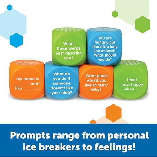 Orange ice breaker conversation cubes showing low pressure questions for children to open up in groups.
