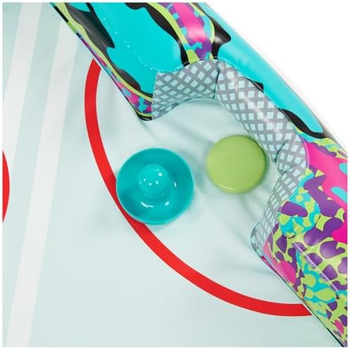 Inflatable water table hockey set by SwimWays floating on clear pool water