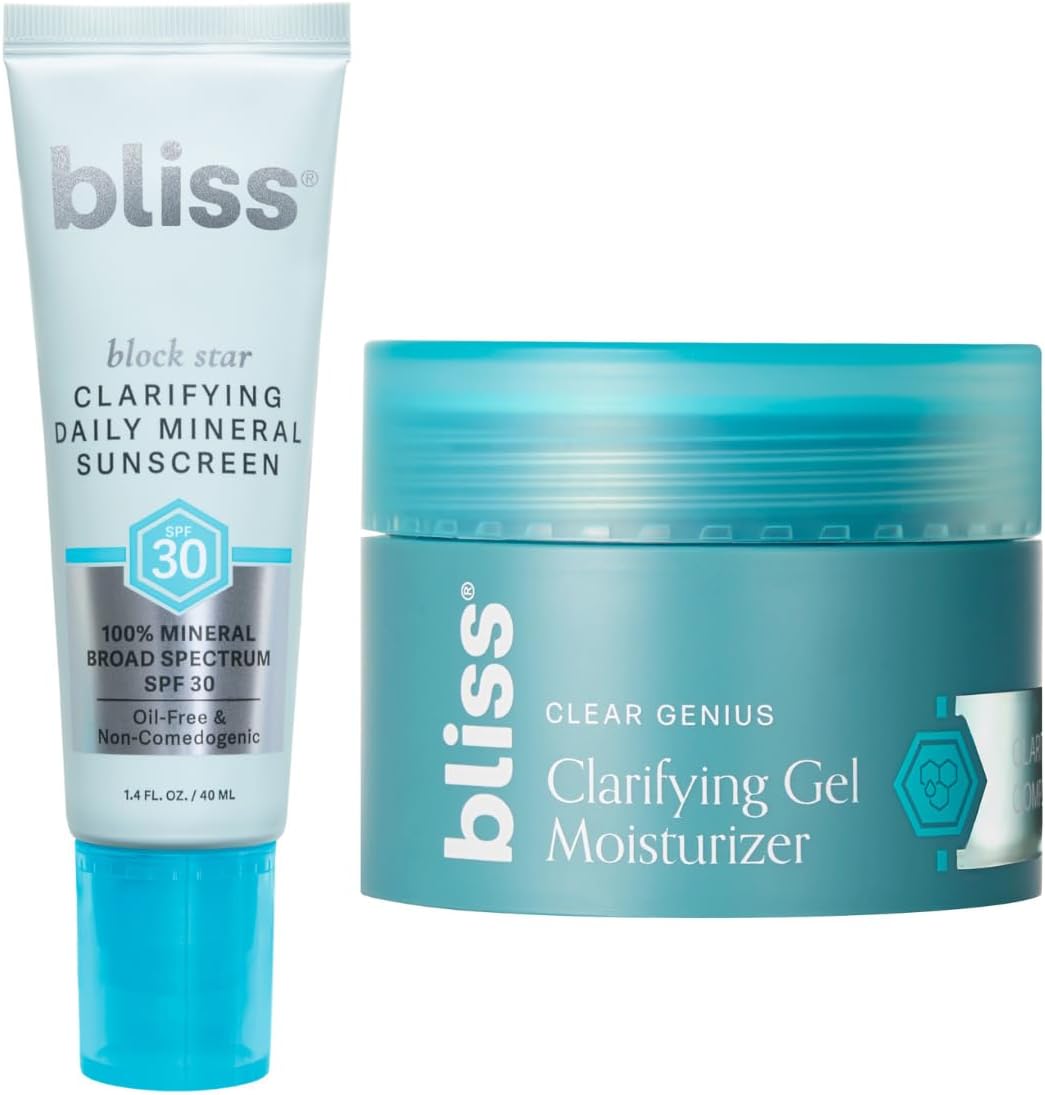 Bliss Clarifying Sunscreen and Gel Moisturizer Duo Set front view for blemish prone skin.