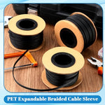 Durable flexible black cable mesh sleeve protecting wires from pet chewing damage