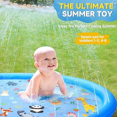 Sixty nine inch toddler sprinkler pool connected to a garden hose with water spraying inward.