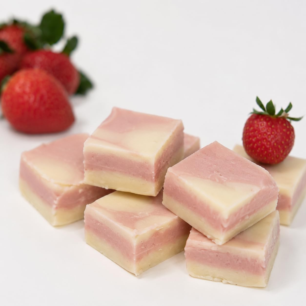 Valley Fudge Strawberry Cheesecake fresh artisan fudge front view premium confectionery packaging.