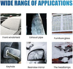 Anti-freeze windshield defroster liquid restoring clear driving visibility on front automotive glass.