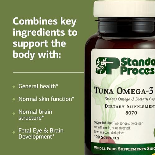 Authentic USA imported Standard Process Tuna Omega 3 Oil packaging graphics and safety seal
