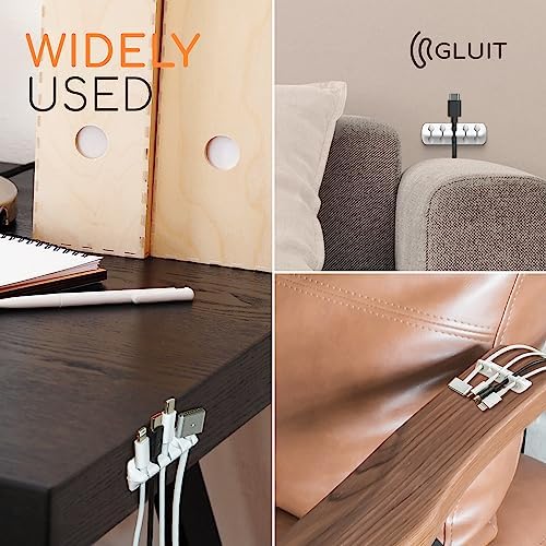 Sleek white desktop wire clips managing smartphone chargers on a nightstand