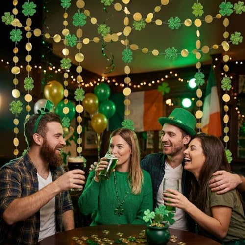 Close up view of Cheerland glittery green clovers and metallic gold circles sewn on silver string