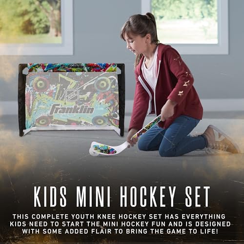 Franklin Sports indoor knee hockey goal set with two mini sticks and soft foam balls.