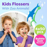 Trueocity bubble gum flavored child dental picks in colorful giraffe and dog shapes for easy plaque removal.