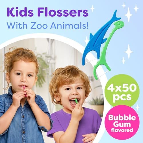 Trueocity bubble gum flavored child dental picks in colorful giraffe and dog shapes for easy plaque removal.