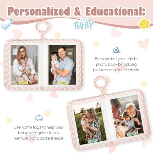 Lanpn infant keepsake photo album highlighting the name tag stickers and customizable cards.