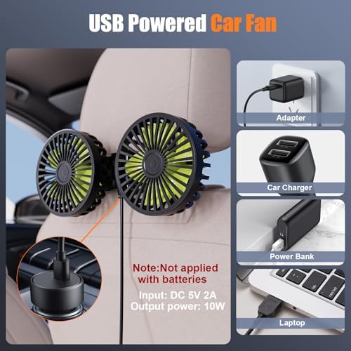 Three speed adjustable rear seat vehicle fan with green blades