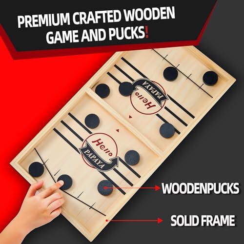Handcrafted wooden hockey board game showing the center gate slot