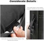 Front pocket of the Dadanism 11 inch protective sleeve loaded with a smartphone, charging brick, and cables.