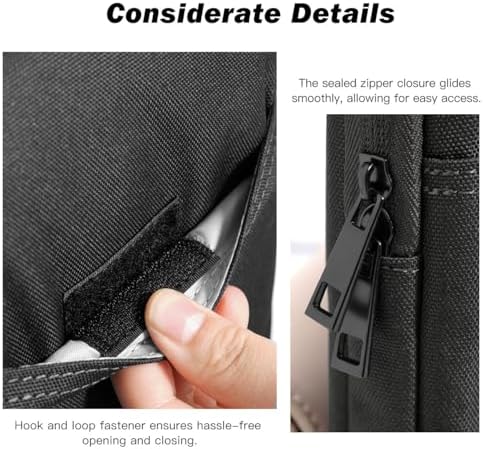 Front pocket of the Dadanism 11 inch protective sleeve loaded with a smartphone, charging brick, and cables.